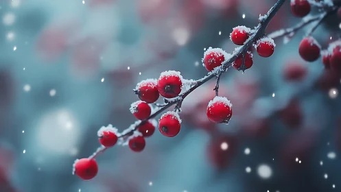 Frost kissed red berries glowing softly in a winter snowfall.