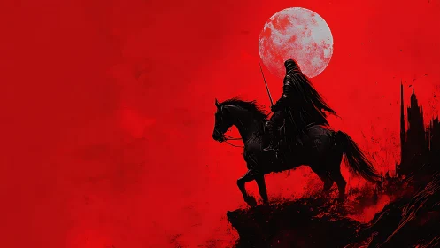 Bloodred horizon crowns a lone dark rider beneath cruel moon