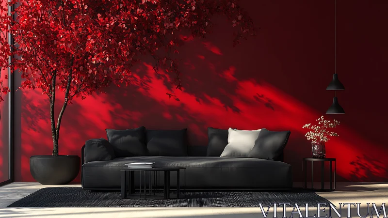 Interior scene displays dark sofa against red wall with tree
