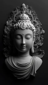 Monochrome 3D bust of serene Buddha figure on dark background