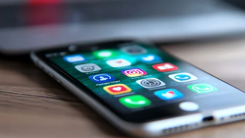 Shallow depth-of-field close-up shows smartphone app grid on desk