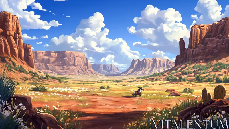 Digital painting of desert canyon vista with lone rider focus.
