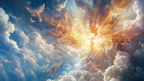 Heavenly host ascending through radiant, shattering sky portal.