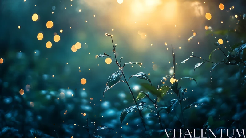 Firefly echoes shimmer through dew-lit forest leaves at dusk