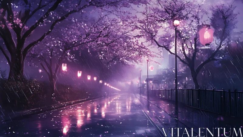 Rainy sakura street glows in violet lantern light at night