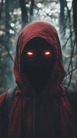 Hooded figure with red glowing eyes in dim forest setting.