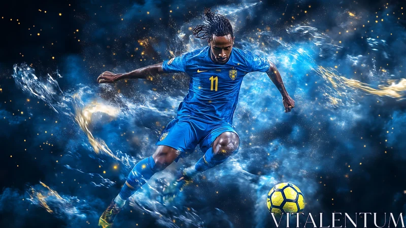 Dynamic soccer player sprints through swirling cosmic energy.