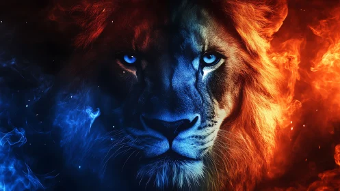 Elemental lion face divided by blue ice and red fire.