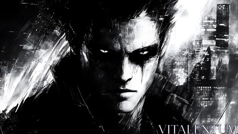 Noir cyber-sentinel in fractured monochrome cityscape glare.