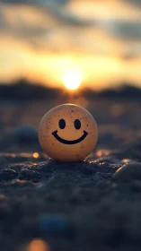 Smiley face ball sits on sandy ground at coastal sunset