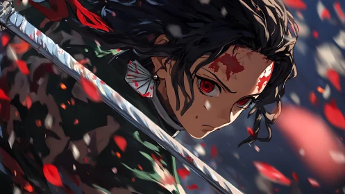 Fierce anime swordsman in a storm of red petals and light.