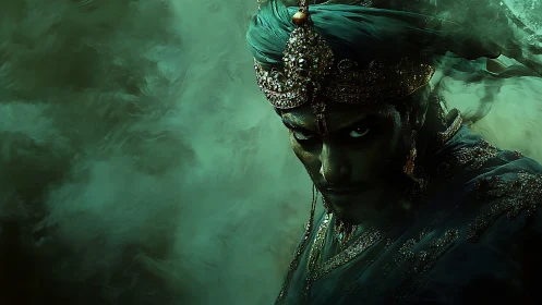 Regal figure in ornate turban within dense green mist.