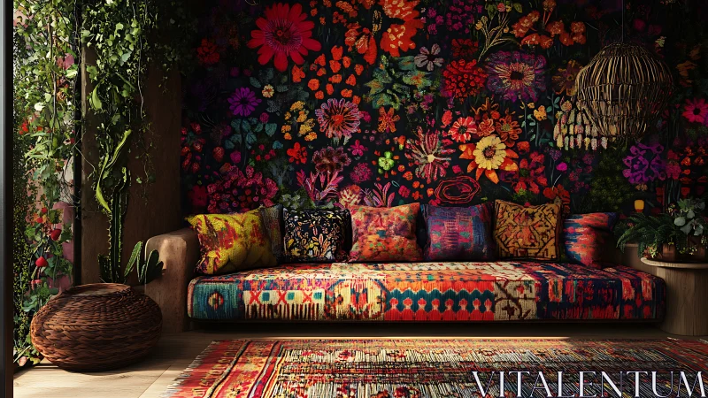 Living room sofa with dense floral wall and textiles.