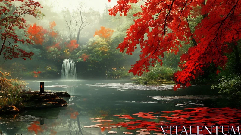 Red maple trees frame misty waterfall and reflective pond