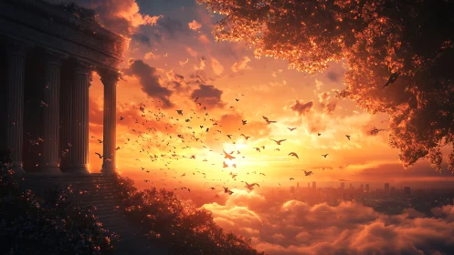 Sunlit neoclassical terrace overlooks cloud sea and distant skyline