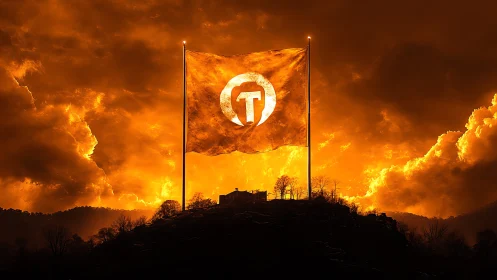 Lone fortress flag glows against blazing orange storm sky