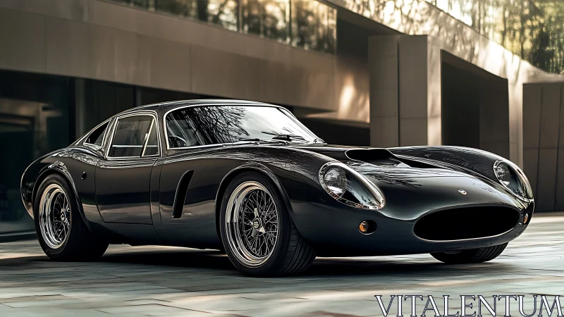 Vintage black grand tourer reflects modern city architecture.