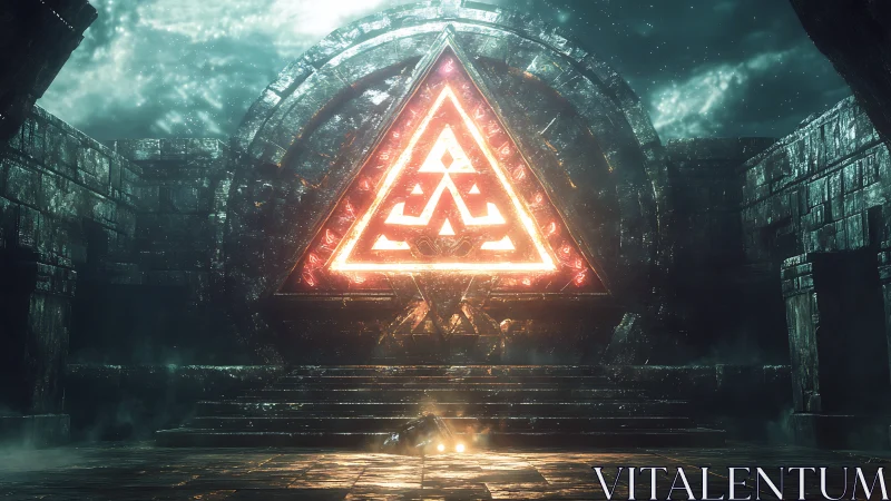Luminous rune triangle dominates ancient stone gateway