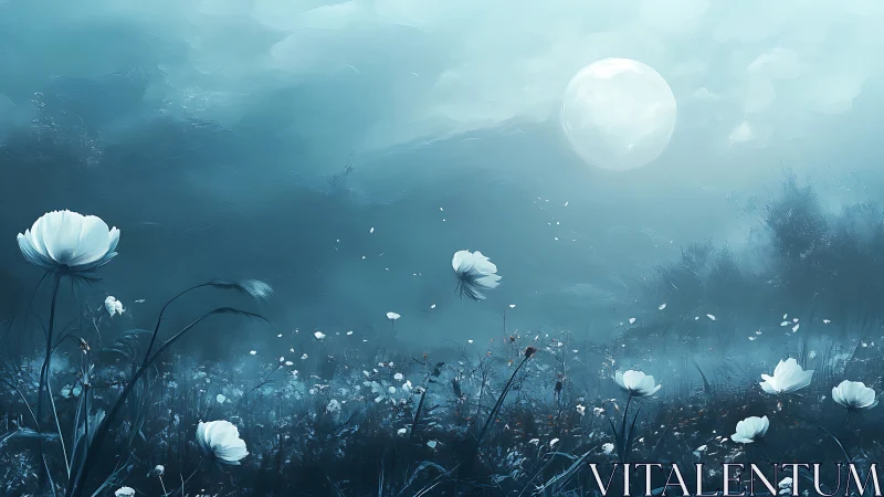 Moonlit misty meadow with drifting white blossoms at dusk.