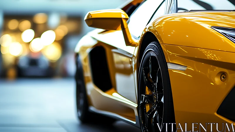 Golden sports car gleaming with polished city showroom light.