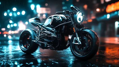 Midnight café racer glows against a rainy neon city street