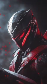 Armored futuristic warrior in red and black lighting scene.