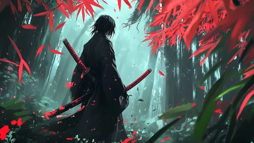 Lone wanderer in a red‑leaf forest of quiet resolve.