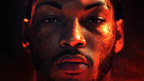 Close male portrait in red-orange dramatic lighting effect.