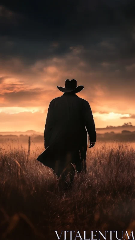 Silhouetted cowboy strides through sunset prairie glow.
