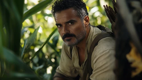 Weathered tracker crouched in sunlit jungle patience.