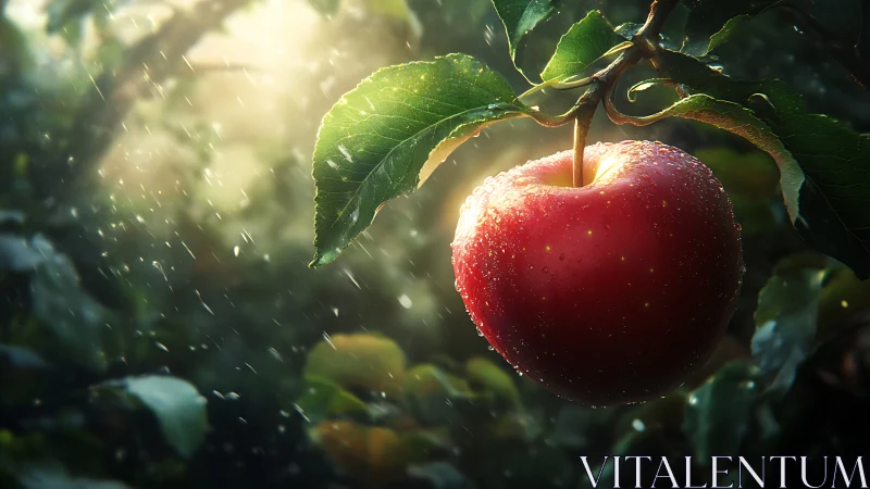 Red apple on tree branch in soft sunlit orchard rain.