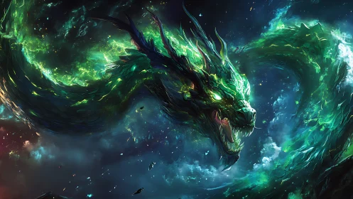 Cosmic emerald dragon erupts from swirling galactic storm