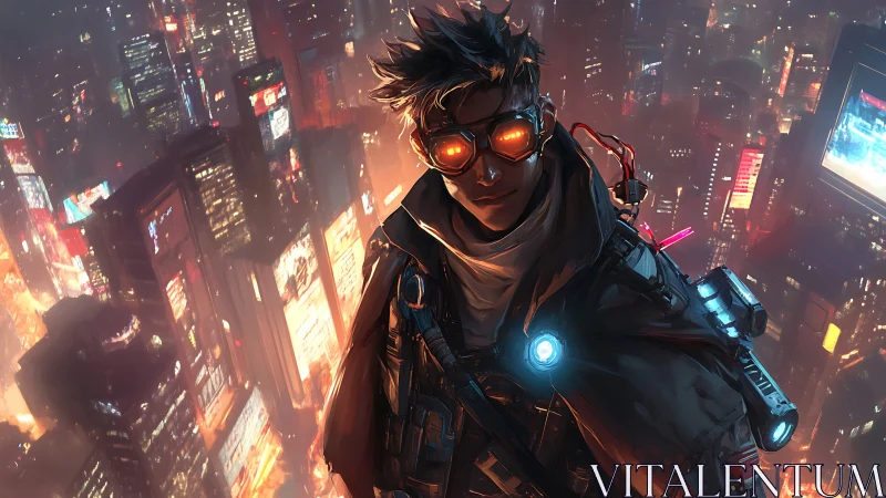 Neon-eyed wanderer gazes over a glowing cyberpunk city