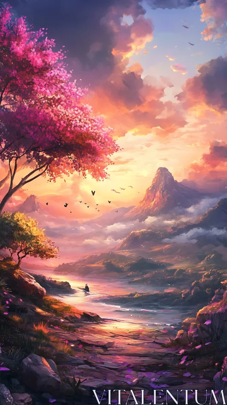 Sunset mountain river landscape shows lone boat and blossoms