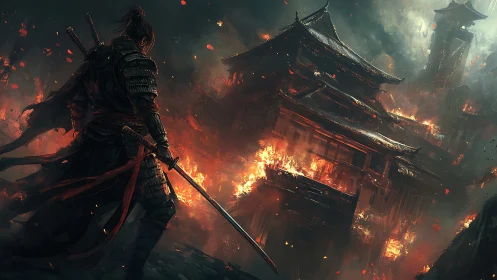 Lone samurai observes burning fortress under dark sky.