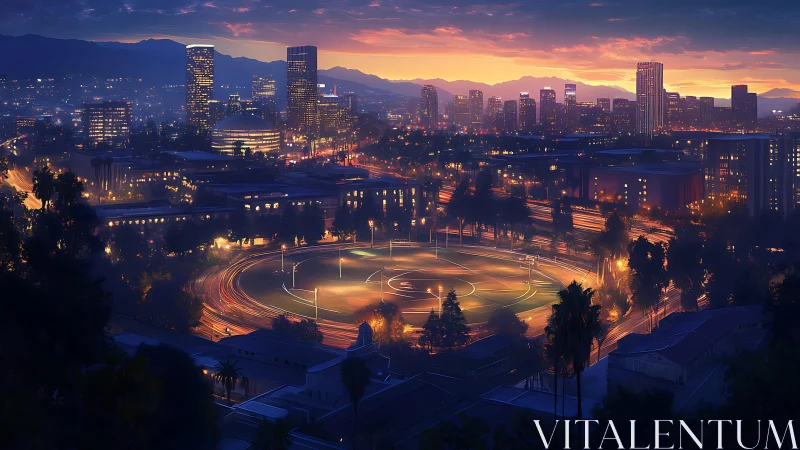 Sunlit city stadium glows gently beneath a dreamy dusk sky
