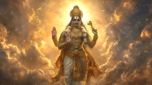 Radiant celestial deity stands serene in glowing golden clouds