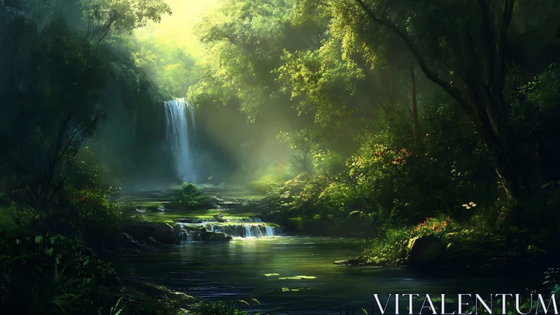 Waterfall flowing through dense forest canopy with filtered sunlight.