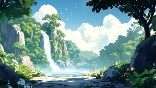 Luminous riverside waterfall in stylized anime landscape design.