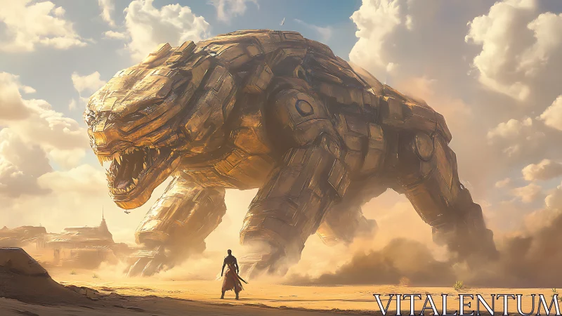 Colossal desert mech-beast confronting lone cloaked wanderer.