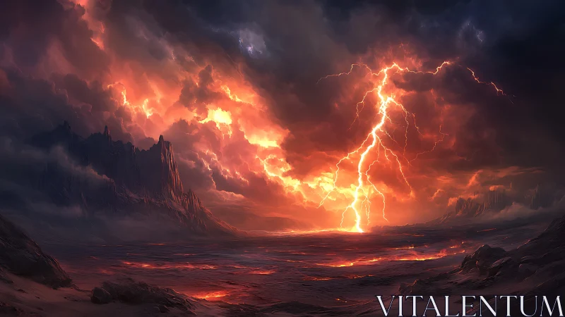 Volcanic storm ignites molten wasteland under charged sky