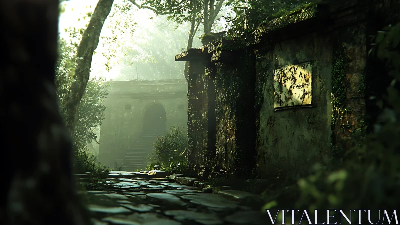 Sunlit jungle ruins breathe quiet mystery along a moss path