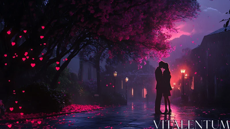 Neon Heart-Particle Rain Under Bioluminescent Canopy with Silhouetted Embrace