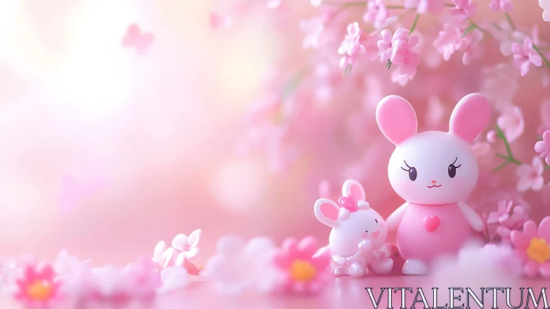 Pink bunny toys with blossoms in soft pastel background.