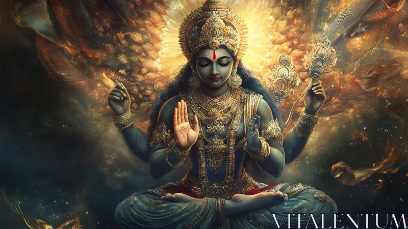 Radiant goddess in golden serenity and cosmic stillness.