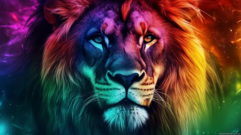 Rainbow crowned lion gazing through swirling cosmic light.