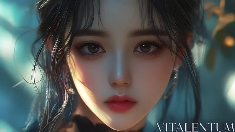 Soft-lit digital portrait of girl with luminous eyes.