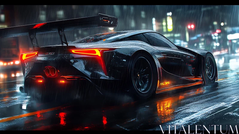 Aerodynamic hypercar under neon storm, wet-spec race configuration.