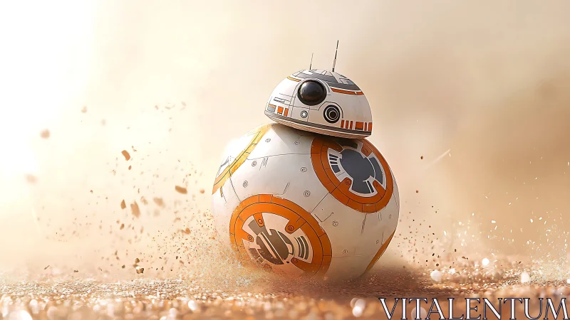 Dust-spraying droid skims the desert in a bright swirl