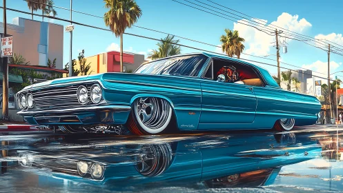 Lowrider coupe glides through sunlit palm-lined street.